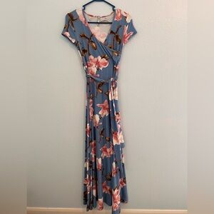 Mother Bee Maternity Dusty Blue Floral Wrap Maxi Dress with Pink Blooms